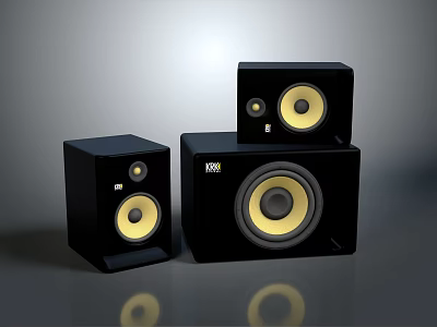 Black Home Audio Speakers With Yellow Cones And Multiple Compact Design Setup 3d model