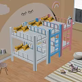 Colorful White Blue Pink Bunk Beds With Yellow Pillows Staircase In Kids Bedroom