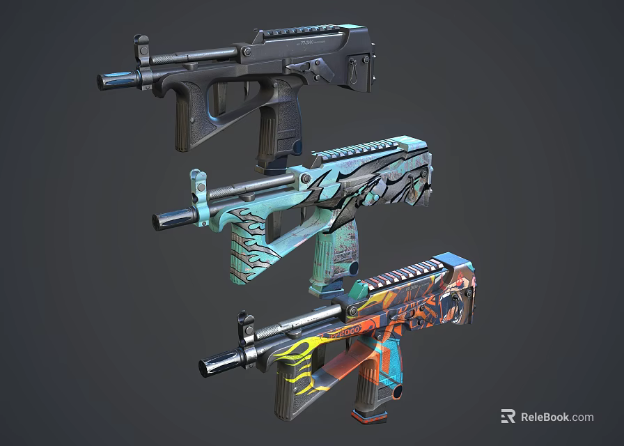Three Colorful Tactical Guns With Vibrant Graffiti Patterns And Modern Designs 3d model 