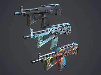 Three Colorful Tactical Guns With Vibrant Graffiti Patterns And Modern Designs 3d model