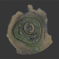 Cartoon Scene of Ancient Circular Fortress Featuring Multiple Ring Walls Grassland Paths and Small Buildings