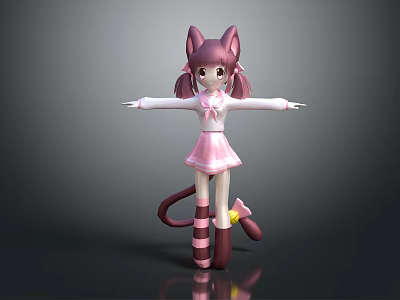 Game and Movie Character With Pink Cat Ears Twin Tails White Top And Pink Skirt 3d model