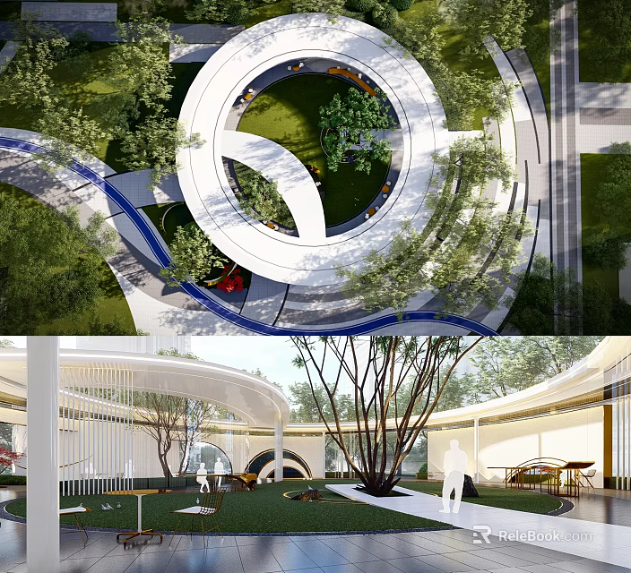 Modern Circular Pergola Design With Greenery Pathway And Seating Area 3d model