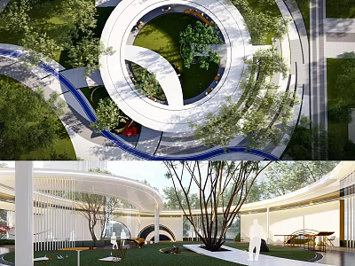 Modern Circular Pergola Design With Greenery Pathway And Seating Area 3d model