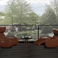 Two Orange Single Sofas on Outdoor Wooden Floor with Small Table and Trees