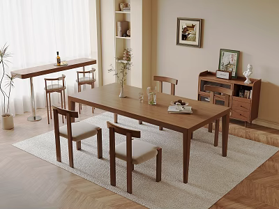 Elegant Dining Space With Wooden Table Chairs Vase Glassware Cabinet Artwork And Plant 3d model