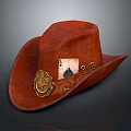 Red Leather Cowboy Hat With Ace Of Spades Card And Brass Badge Decoration
