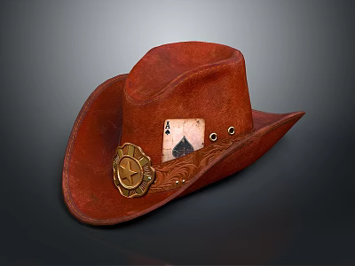 Red Leather Cowboy Hat With Ace Of Spades Card And Brass Badge Decoration 3d model