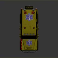 Yellow Emergency Ambulance Vehicle With Red Lights And Blue Medical Cross