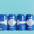 Four Blue Beer Cans With White Logo Design On Light Blue Background 3d model
