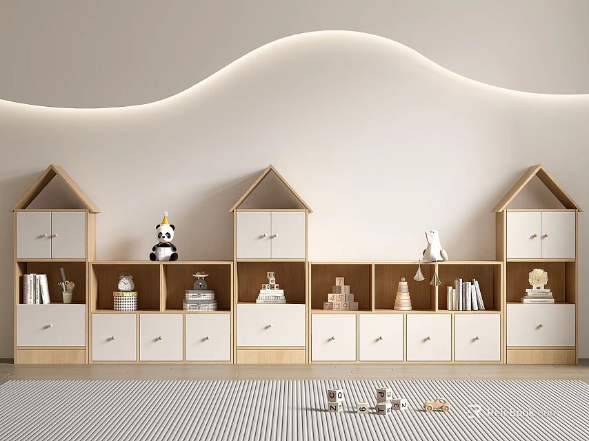House Shaped White Wooden Bookcase In Kids Room With Stuffed Toys Books And Decorations 3d model 