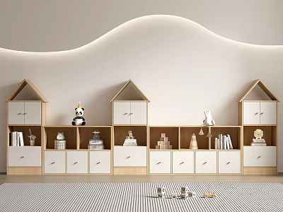 House Shaped White Wooden Bookcase In Kids Room With Stuffed Toys Books And Decorations 3d model