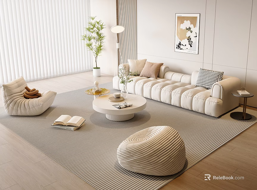Elegant Modern Sofa And Coffee Table Set With Striped Rug Pillows And Floor Lamp 3d model 