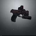 Red And Black Tactical Pistol With Red Dot Sight And Flashlight On Dark Reflective Surface