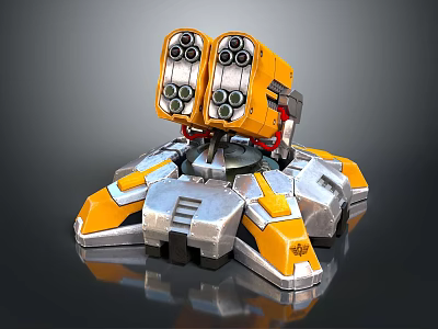 Yellow and Silver Mechanical Multi Barrel Turret Weapon with Metallic Base Structure 3d model