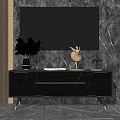 Modern Black TV Stand With Gold Accents Against Marble Wall And Mounted TV Decorative Items