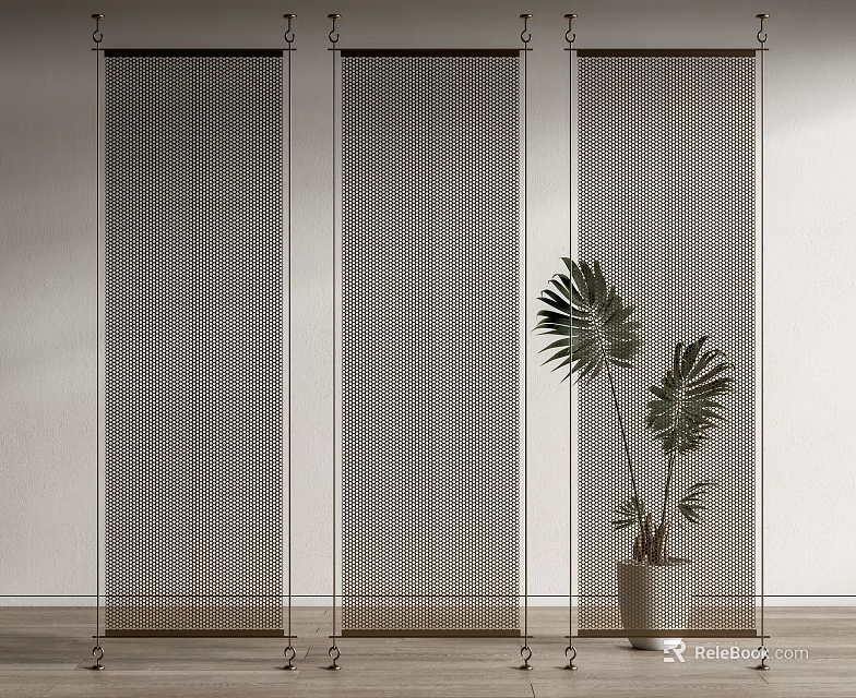 Modern Room Divider With Three Metal Panels Perforated Design And Indoor Green Plant 3d model 