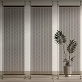 Modern Room Divider With Three Metal Panels Perforated Design And Indoor Green Plant
