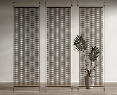 Modern Room Divider With Three Metal Panels Perforated Design And Indoor Green Plant 3d model