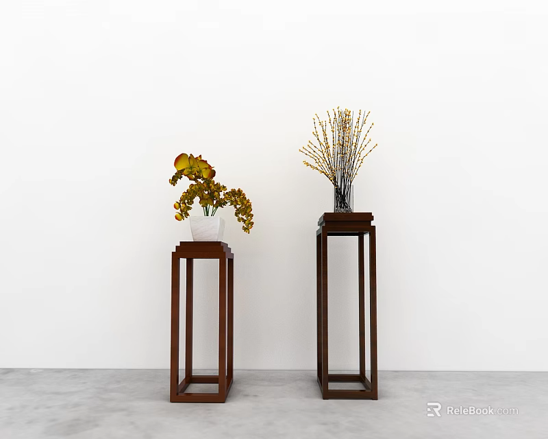 Elegant Vases With Yellow Flowers And Dried Branches On Wooden Stands Against White Wall 3d model 