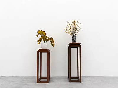 Elegant Vases With Yellow Flowers And Dried Branches On Wooden Stands Against White Wall 3d model