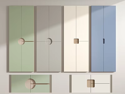 Modern Multi Colored Cabinet Doors And Drawers With Diverse Handle Designs 3d model