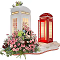 Floral Art Display With Red And White Telephone Booths And Pink Flower Bouquets