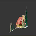 Handmade Diorama With Yellow House Red Roof Chimney Wolf Figure Green Trees Watercolor Forest Background