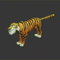 3D Cartoon Tiger Model With Orange Black Stripes White Paws Belly Friendly Expression Dark Background