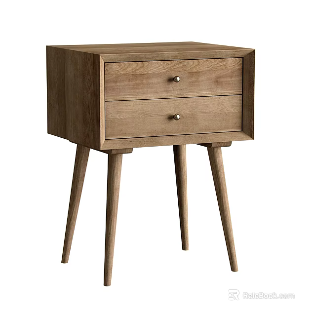 Wooden Bedside Table With Two Drawers And Slim Legs In Natural Design 3d model 