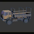 Khaki Military Truck With Open Cargo Bed Railing And Detailed 3D Model Design