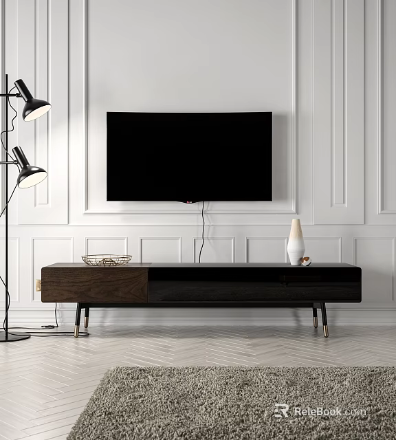 Modern Dark Wooden TV Stand With Sleek Design Metal Legs And Decorative Items 3d model 