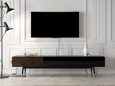 Modern Dark Wooden TV Stand With Sleek Design Metal Legs And Decorative Items 3d model