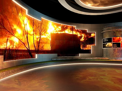 Modern Exhibition Hall With Curved Walls Large Screens Showing Fire Scene Trees And Oil Tank 3d model