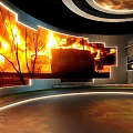 Modern Exhibition Hall With Curved Walls Large Screens Showing Fire Scene Trees And Oil Tank