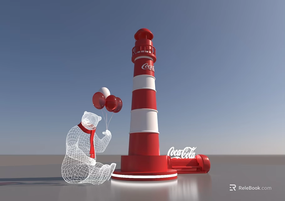 Coca-Cola Themed Polar Bear Holding Balloons Next to Red White Striped Lighthouse 3d model 