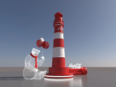 Coca-Cola Themed Polar Bear Holding Balloons Next to Red White Striped Lighthouse 3d model