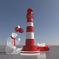 Coca-Cola Themed Polar Bear Holding Balloons Next to Red White Striped Lighthouse