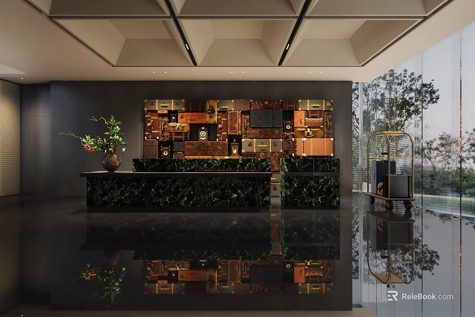 Modern Hotel Lobby Interior Design With Front Desk Decorative Wall And Green Plants 3d model 