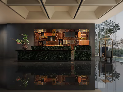 Modern Hotel Lobby Interior Design With Front Desk Decorative Wall And Green Plants 3d model