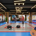 Modern Fitness Gym Interior With Treadmills Fitness Equipment Red Boxing Statue And Large Screens