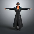 3D Rendered Character In Black Long Coat With Mask And Outstretched Arms Standing Pose