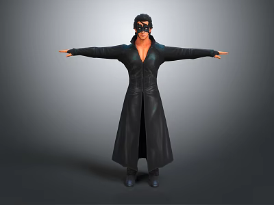 3D Rendered Character In Black Long Coat With Mask And Outstretched Arms Standing Pose 3d model