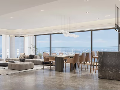 Modern Living And Dining Room Interior With Large Windows City View Sofa Dining Table Chairs 3d model