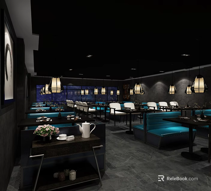 Modern Restaurant Interior With Blue Sofas Pendant Lights And Dining Tables 3d model