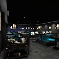 Modern Restaurant Interior With Blue Sofas Pendant Lights And Dining Tables 3d model