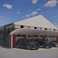 Soccer Field with Green Turf Red Running Track Fence White Building and Surrounding Trees