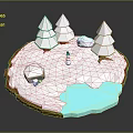 Snowy Natural Scene With Pine Trees Small Snowman Rocks And Blue Water Area