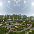Scenic Garden Landscape With Lush Trees Green Grass Tents Winding Paths And Distant Mountains