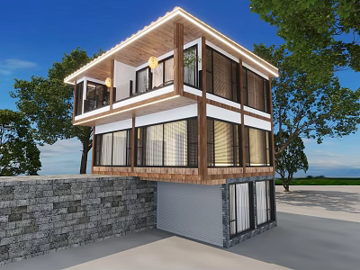 Modern Detached Villa Featuring Large Windows Wooden Accents and Stone Wall Surrounded by Trees 3d model